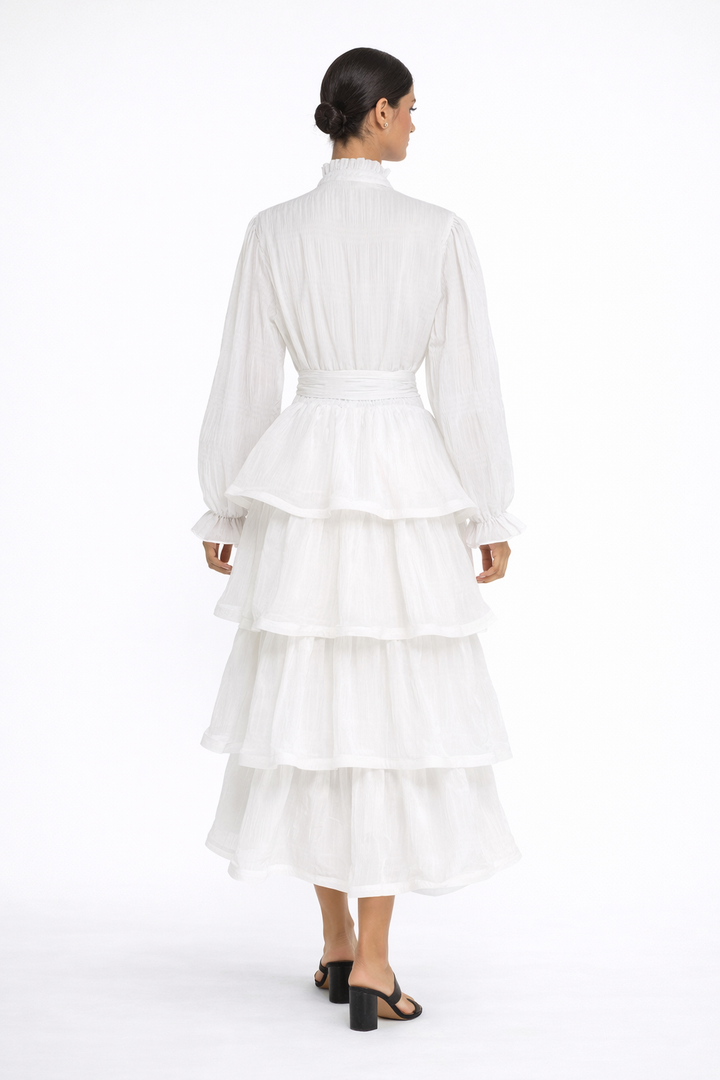 long sleeve tiered chiffon dress with waist tie – MIST