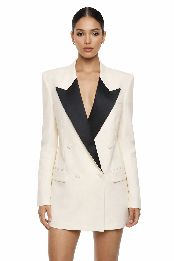 Tuxedo-style double-breasted blazer with contrast lapel – NOIR
