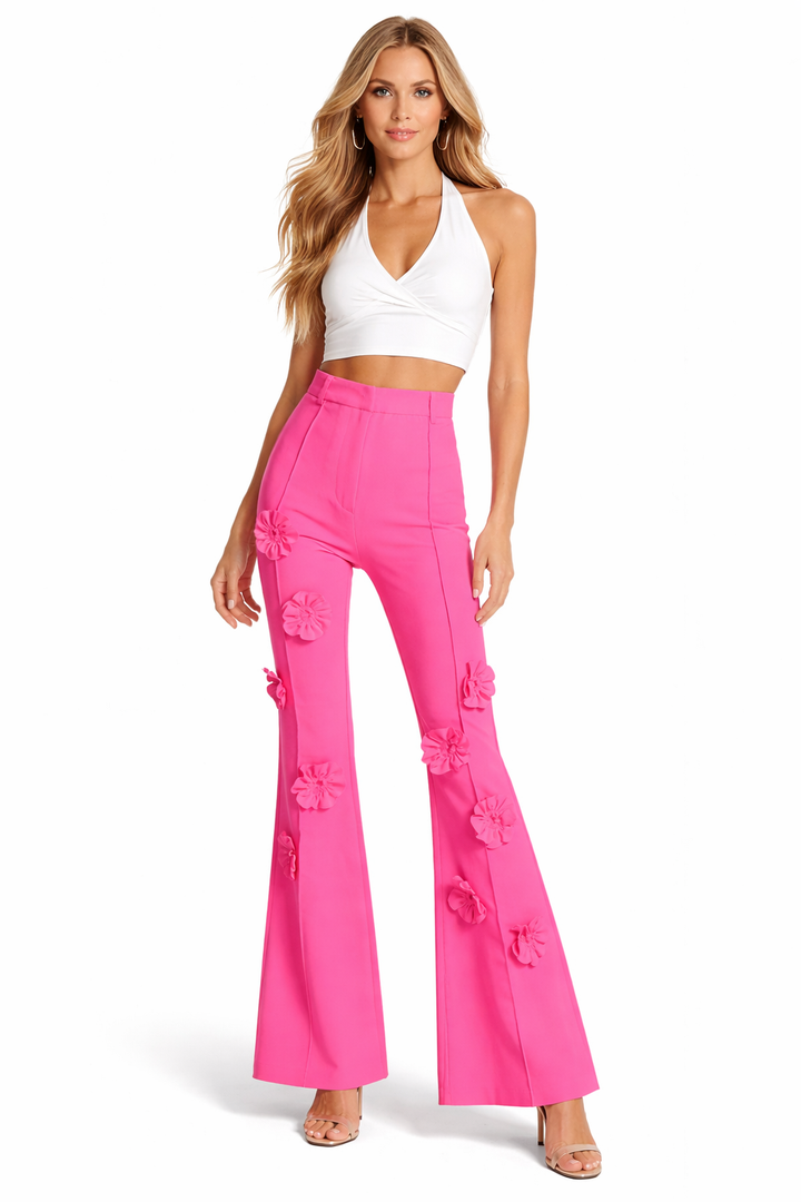 High-waist flared trousers with 3D floral appliqué – FUCHSIA