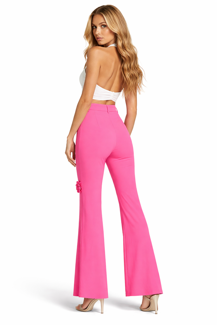 High-waist flared trousers with 3D floral appliqué – FUCHSIA