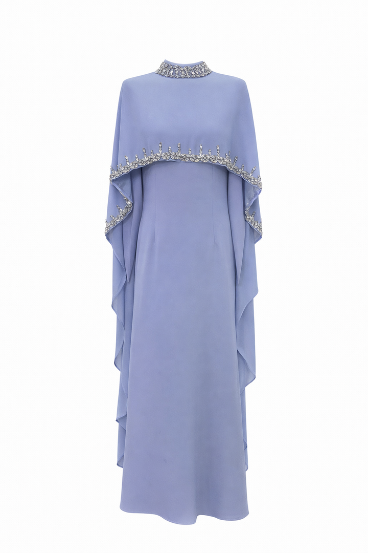 Layered cape maxi dress with embellished trim – NOIR