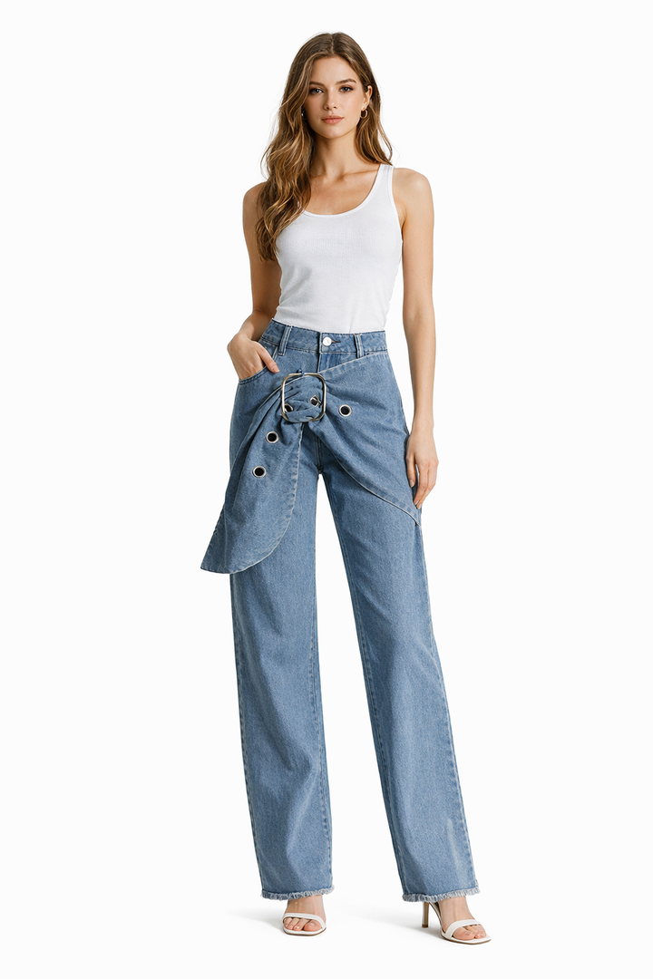 high-waist wide leg denim pants with wrap buckle detail – INDIGO