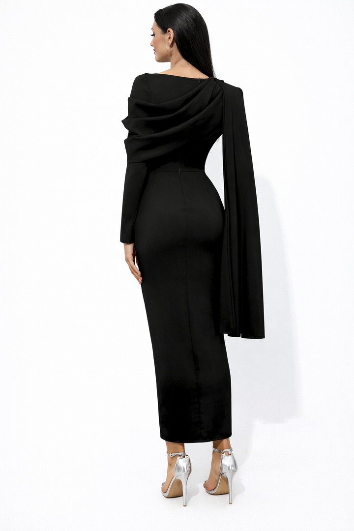 Asymmetric button-front midi dress with long sleeves – SEREN