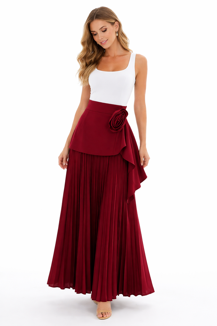 Pleated maxi skirt with floral wrap detail – ELARA