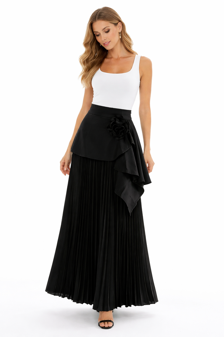 Pleated maxi skirt with floral wrap detail – ELARA