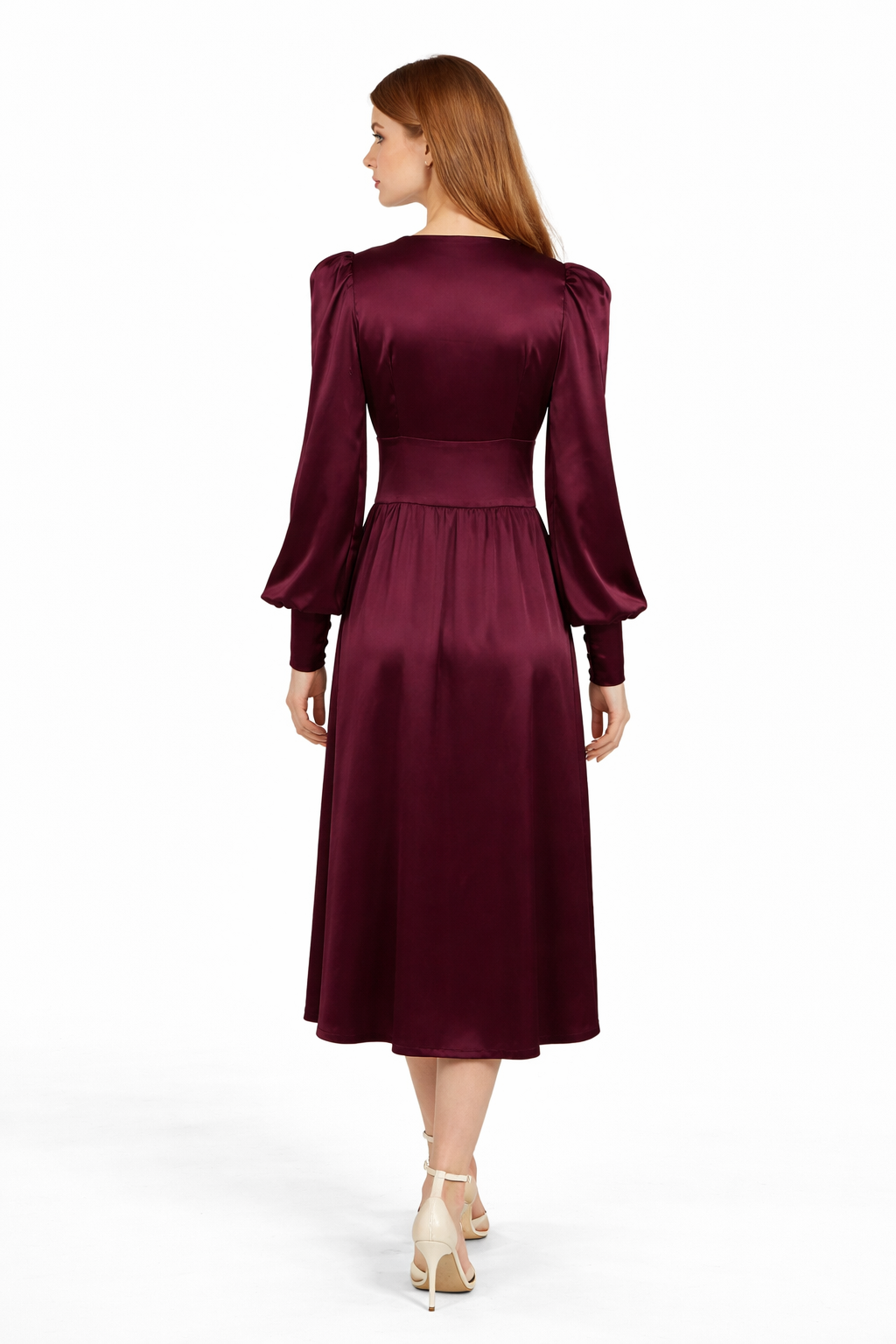 Satin button-front midi dress with puff sleeves – VELVENA