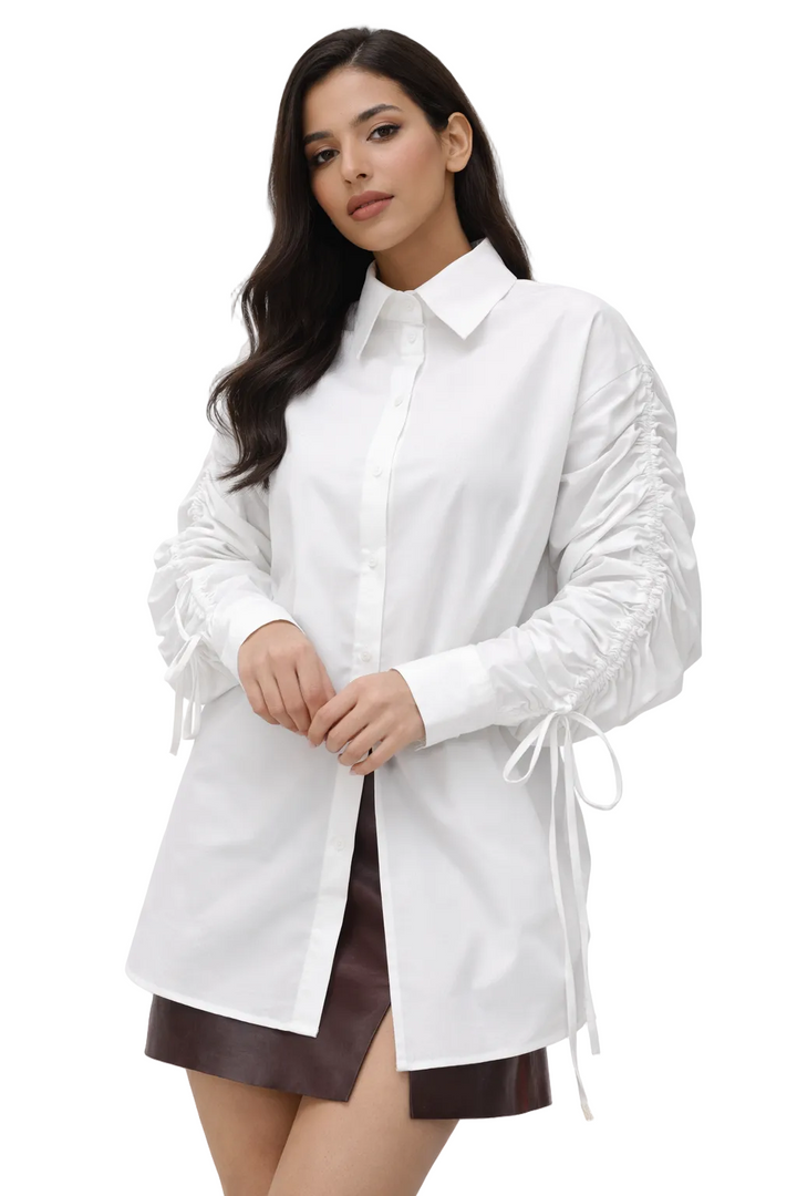 oversized button-down shirt with ruched drawstring sleeves – IVORY