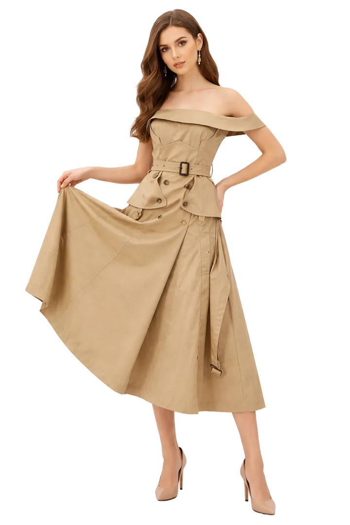 Off-Shoulder Trench-Style Midi Dress with Belt – SANDRA