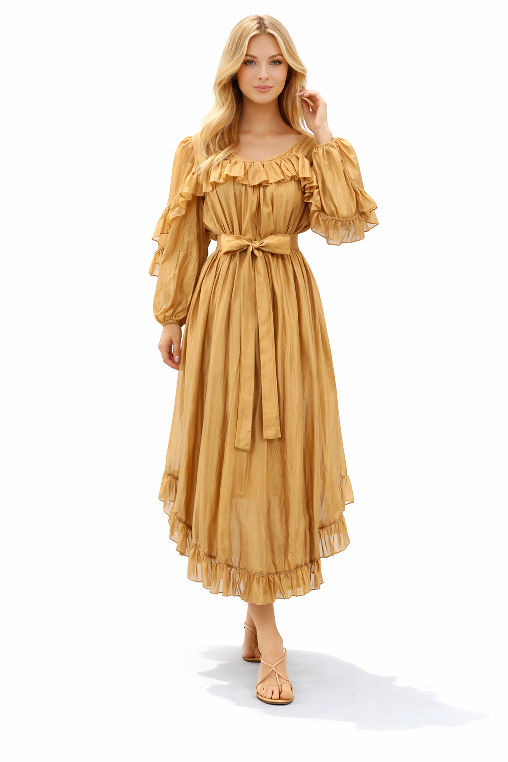 Ruffled Chiffon Midi Dress with Waist Tie – LILACYN