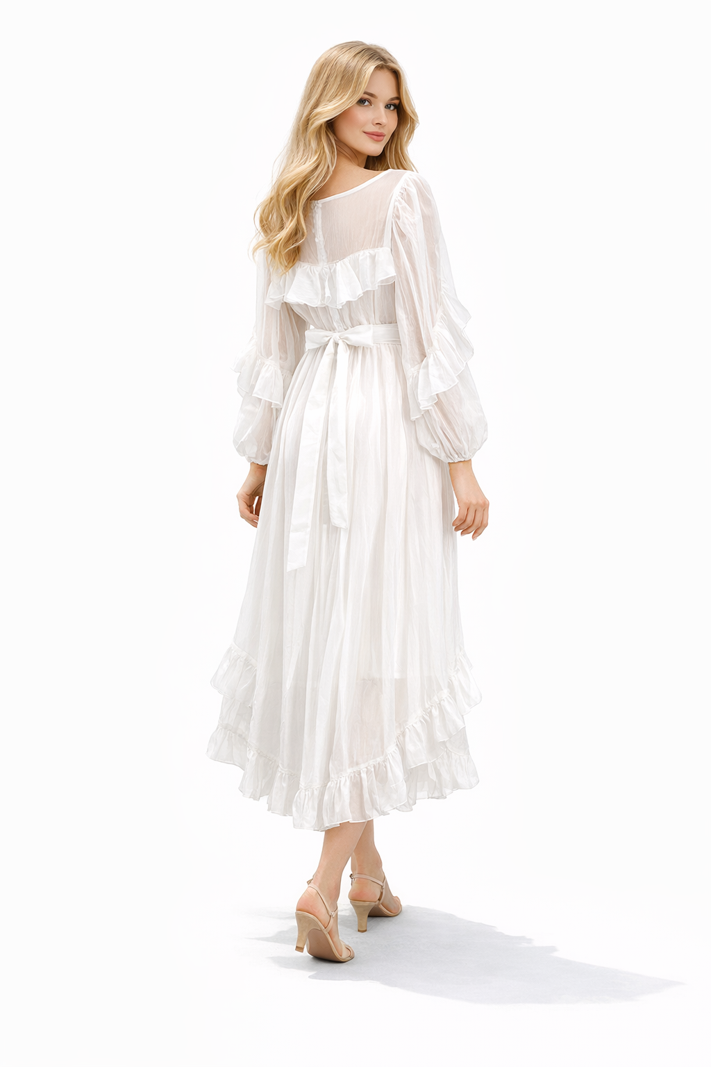 Ruffled Chiffon Midi Dress with Waist Tie – LILACYN
