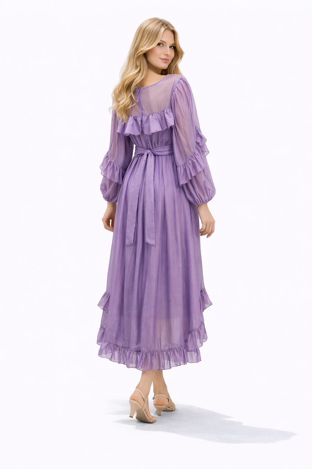 Ruffled Chiffon Midi Dress with Waist Tie – LILACYN