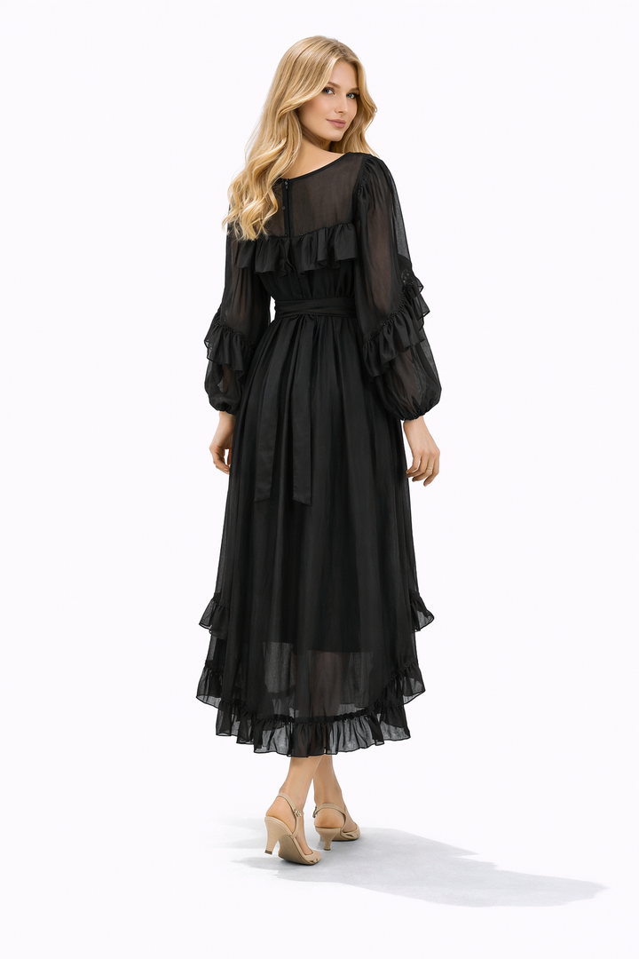 Ruffled Chiffon Midi Dress with Waist Tie – LILACYN