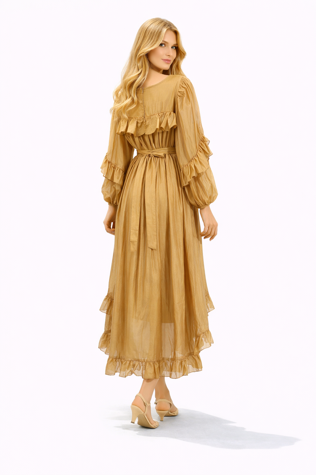 Ruffled Chiffon Midi Dress with Waist Tie – LILACYN