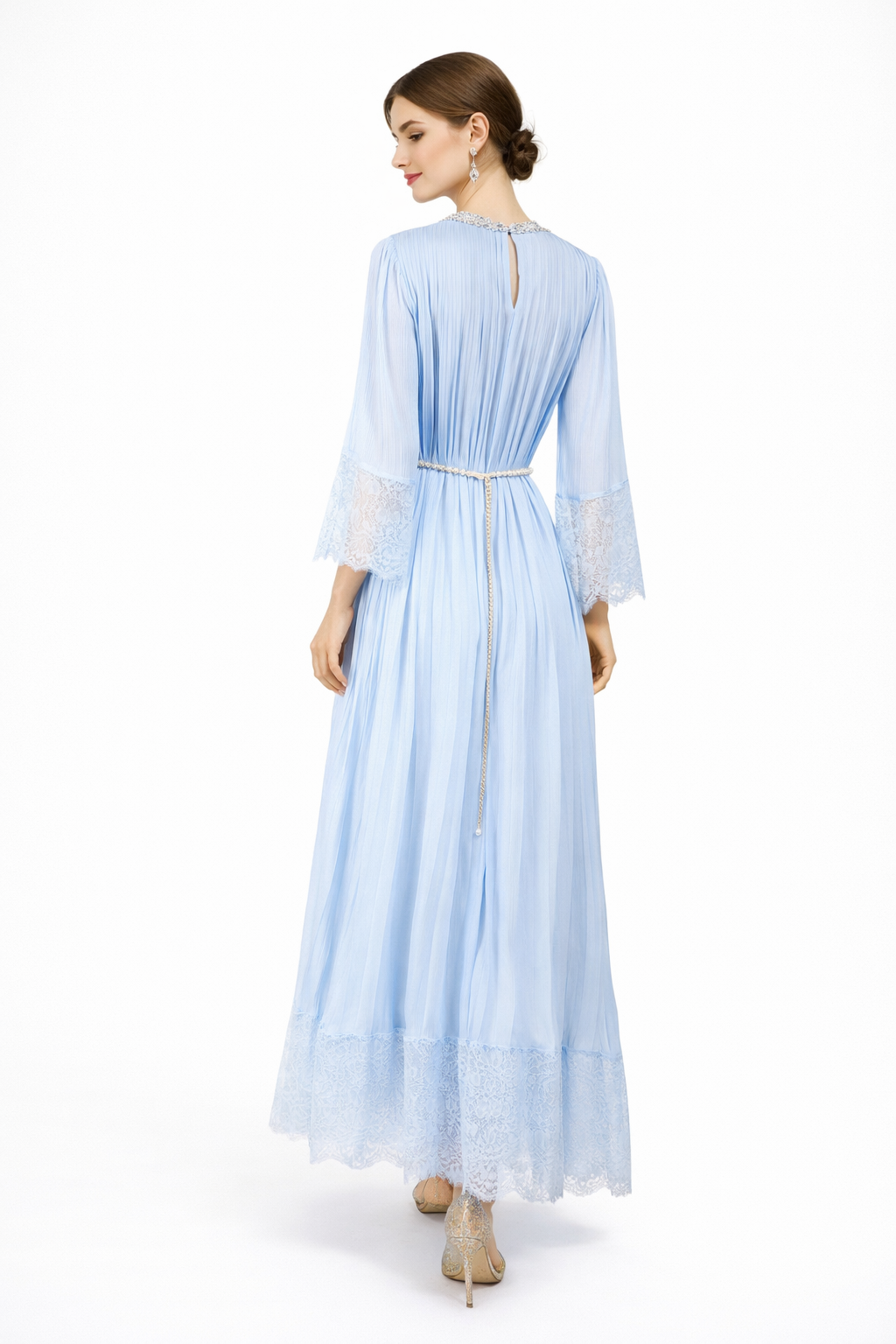 Pleated Maxi Dress with Lace Trim and Pearl Belt – BLUSHERA