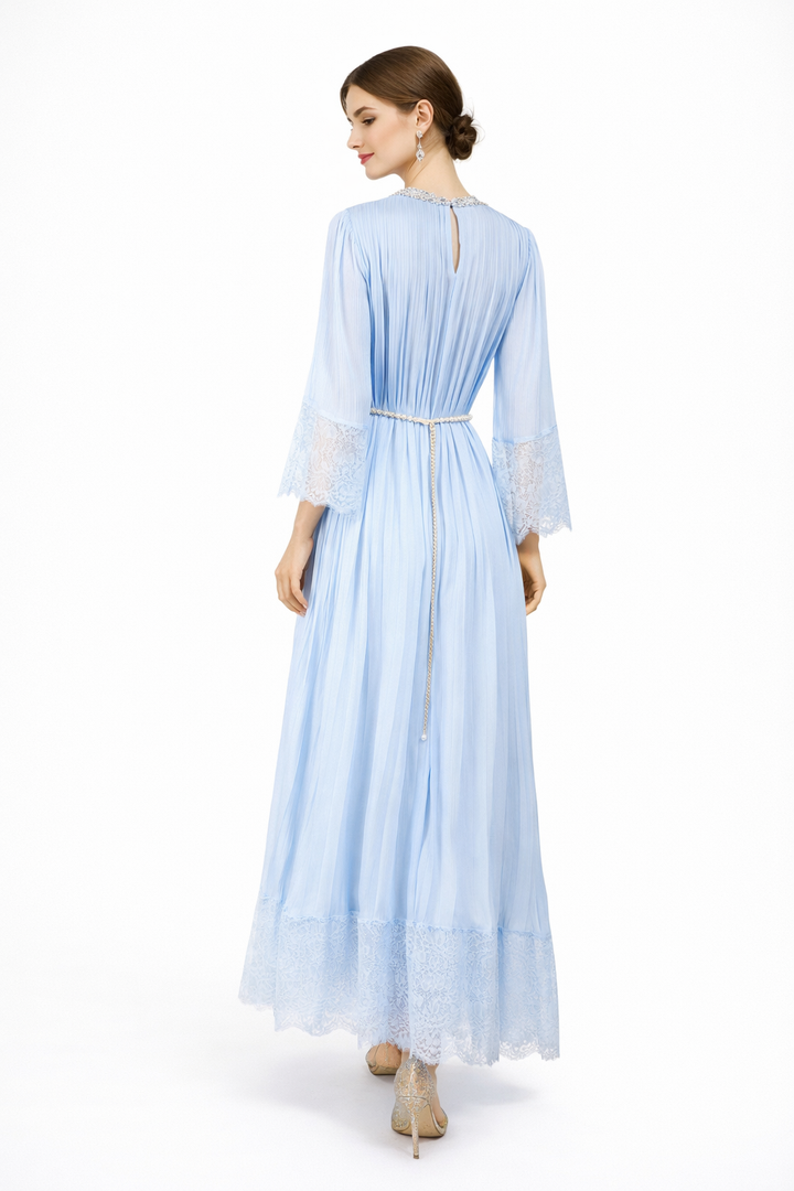 Pleated Maxi Dress with Lace Trim and Pearl Belt – BLUSHERA