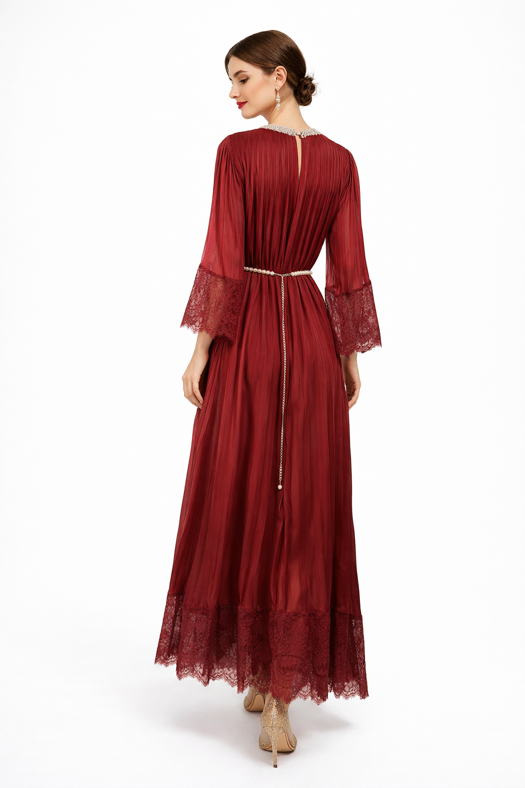 Pleated Maxi Dress with Lace Trim and Pearl Belt – BLUSHERA