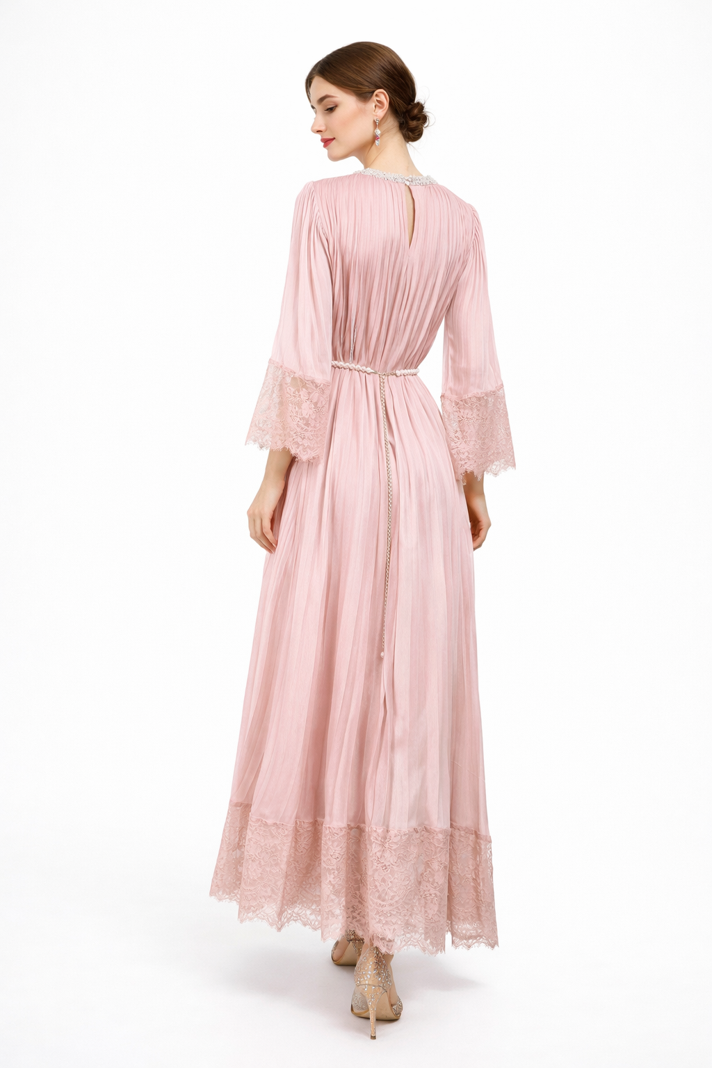 Pleated Maxi Dress with Lace Trim and Pearl Belt – BLUSHERA