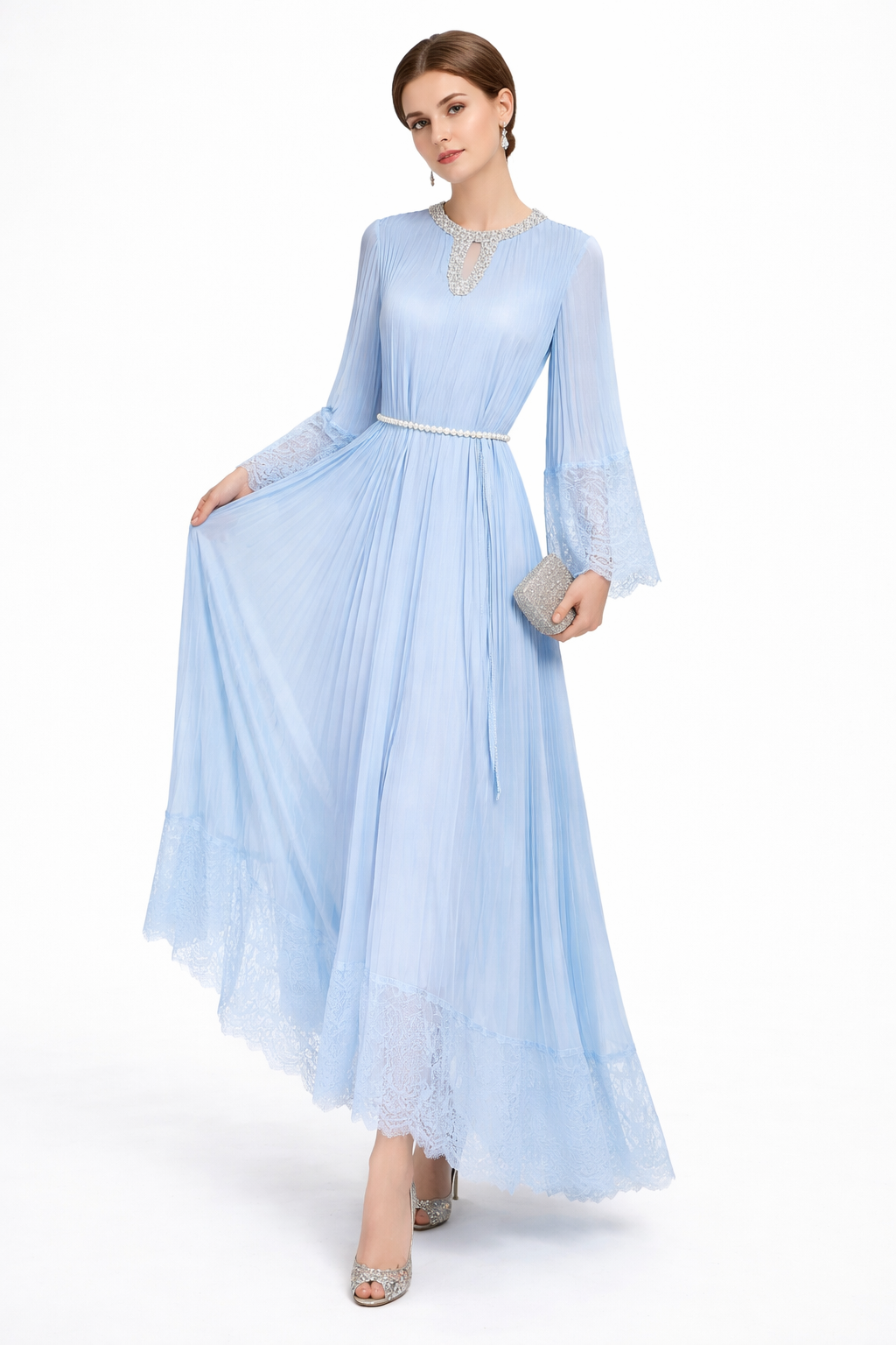 Pleated Maxi Dress with Lace Trim and Pearl Belt – BLUSHERA