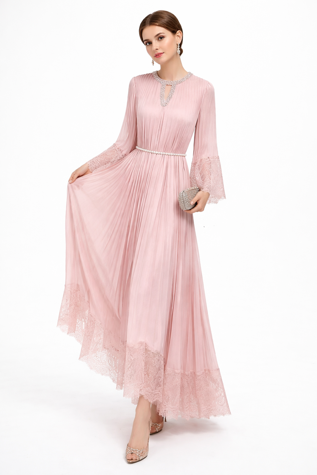 Pleated Maxi Dress with Lace Trim and Pearl Belt – BLUSHERA