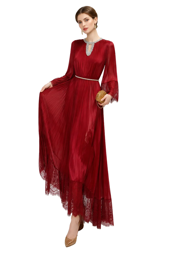 Pleated Maxi Dress with Lace Trim and Pearl Belt – BLUSHERA