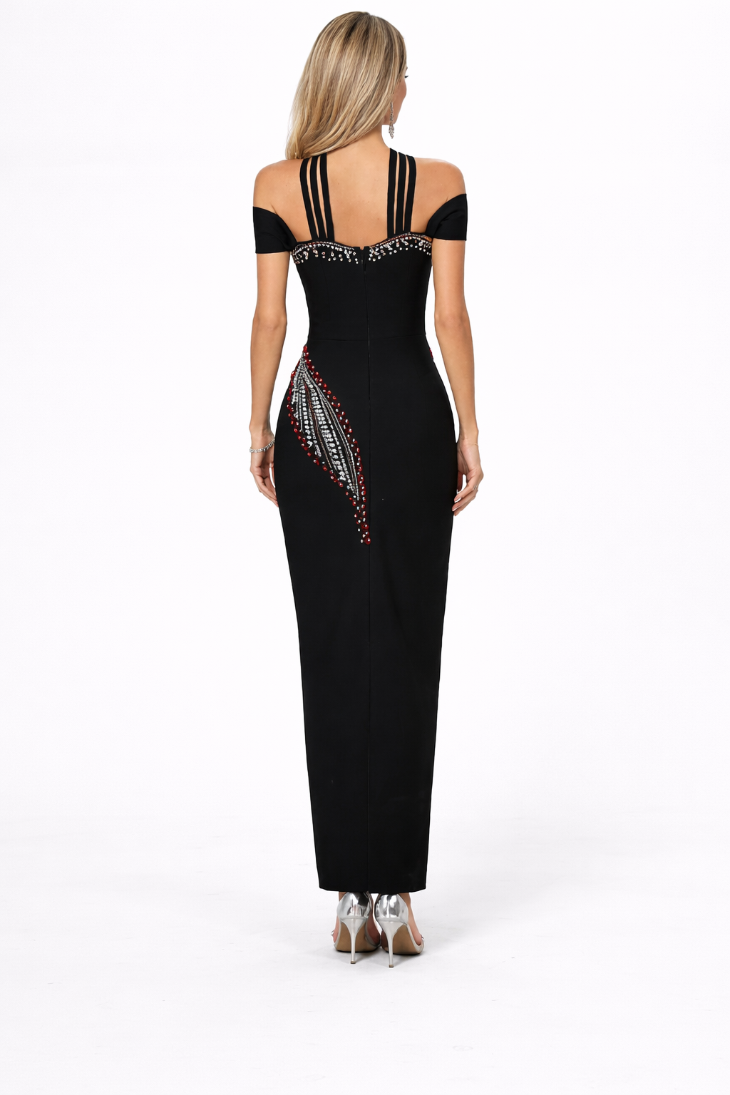 Off-Shoulder Maxi Dress with Crisscross Neckline and Embellished Detail – NOCTURNE