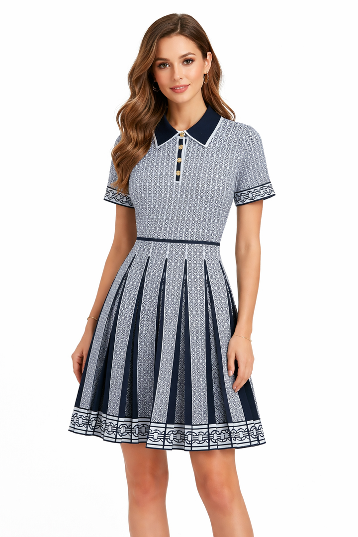 pleated knit dress with contrast polo collar – ÉLANE