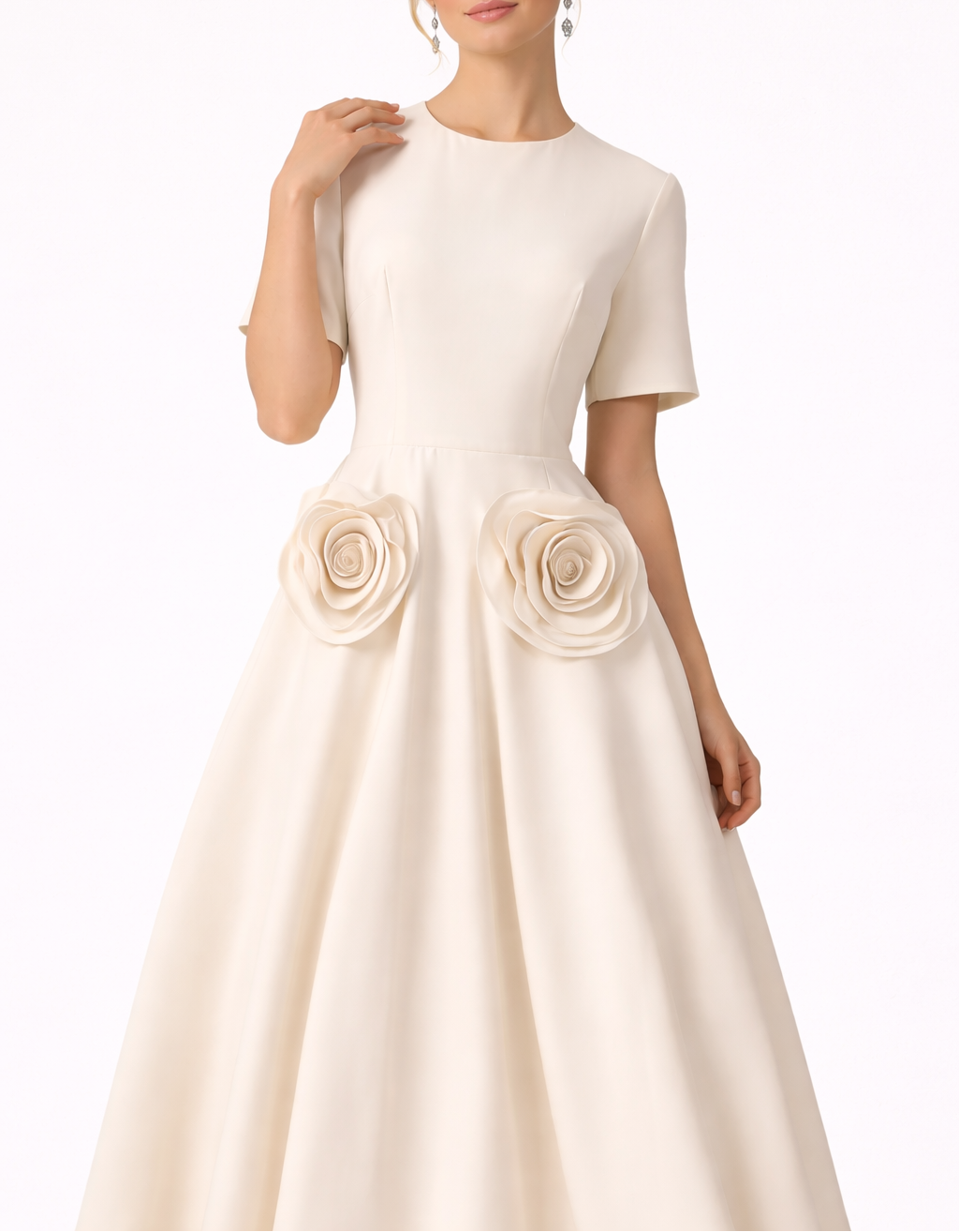 Short-Sleeve A-Line Maxi Dress with Floral Waist Appliqués – LUMINA
