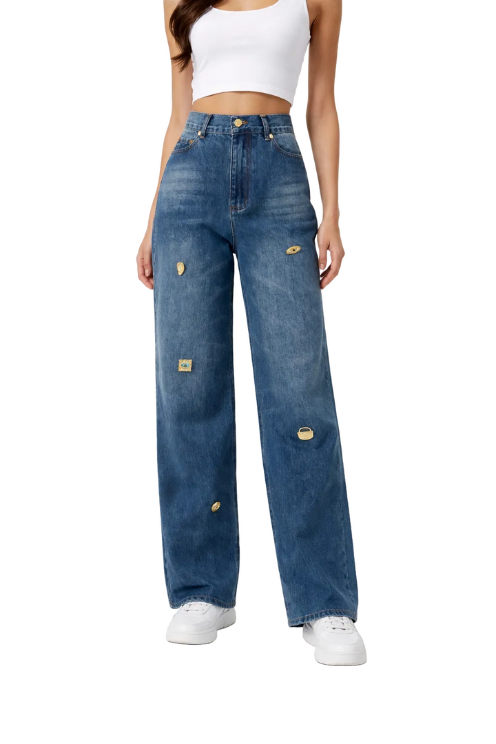 High-Waist Wide-Leg Denim with Gold Charms – AURA