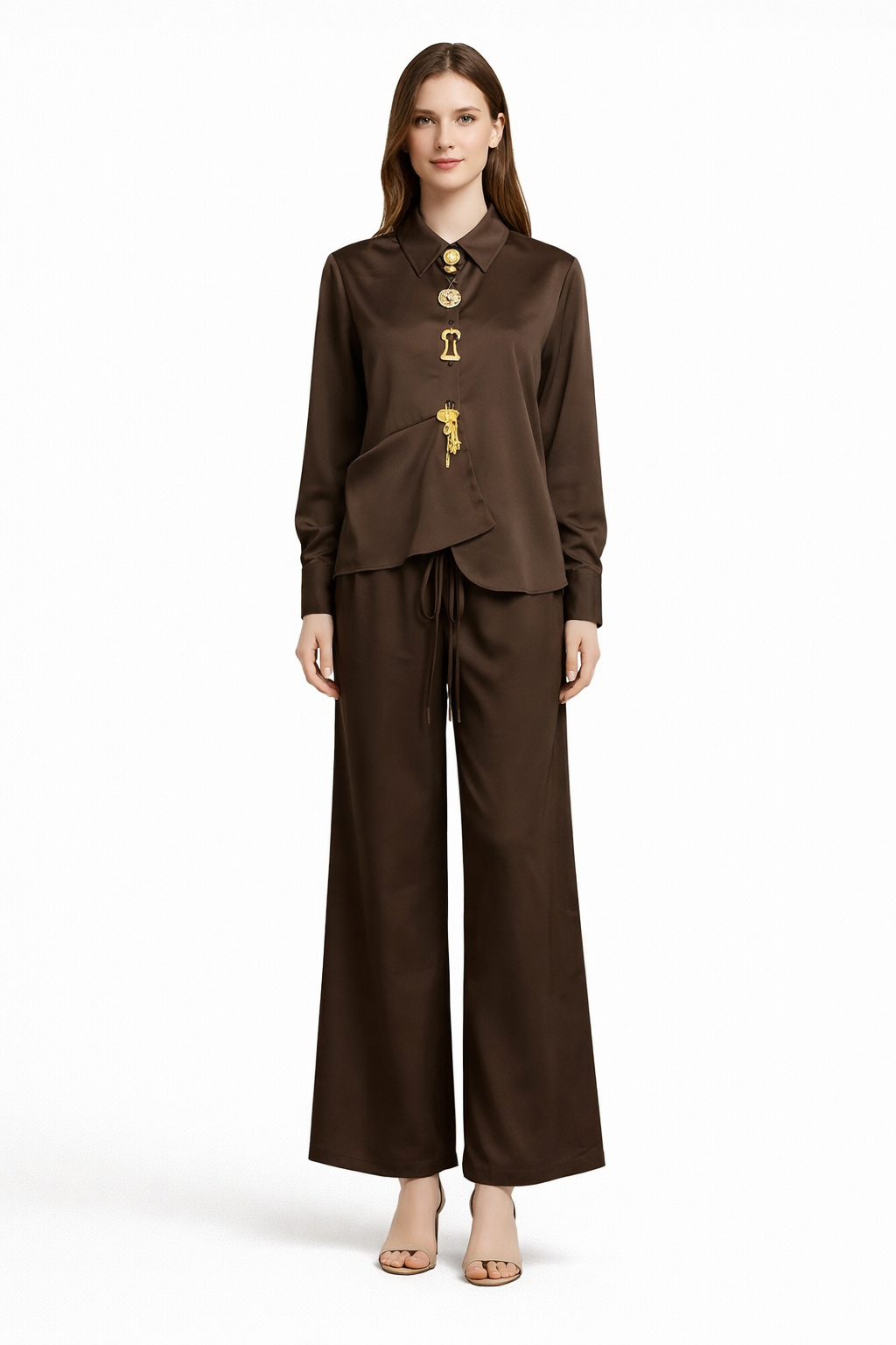 Silk-Feel Asymmetric Button Shirt & Wide-Leg Pants Set – ELYSIA