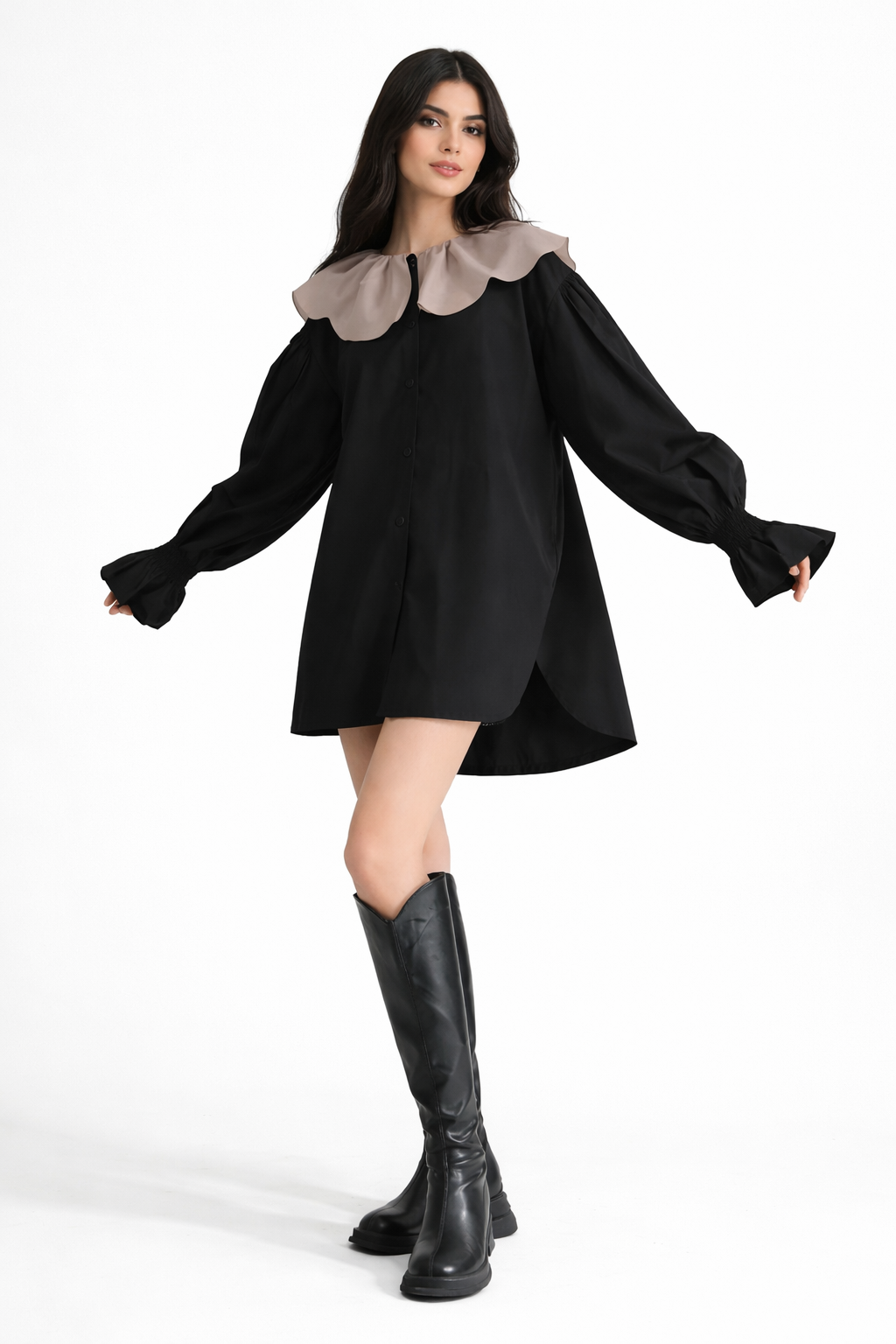 long-sleeve mini shirt dress with sculpted collar – ESMÉE
