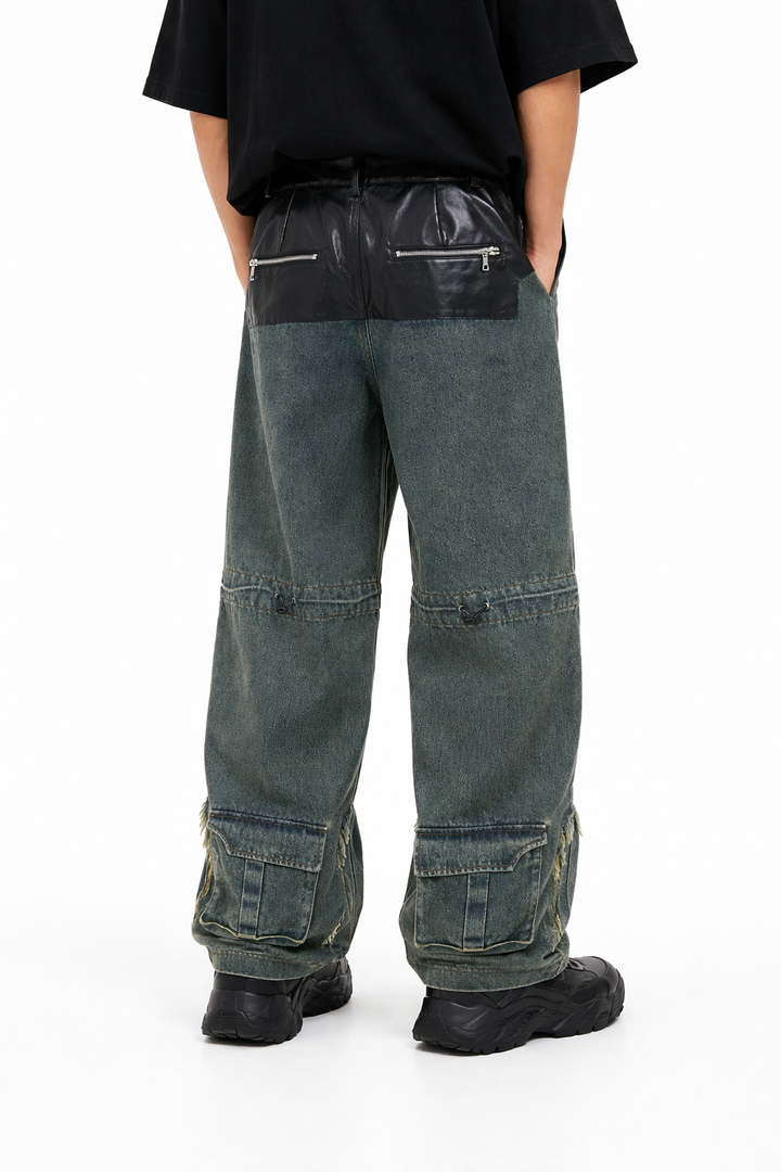 high-waist flared denim pants with leather contrast & utility pocket – RAVEN