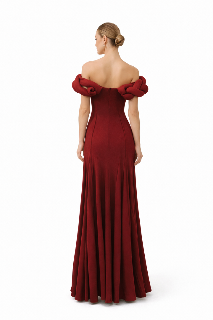 off-shoulder mermaid gown with braided neckline detail – BORDEAUX