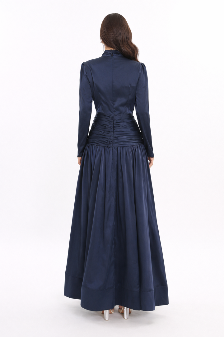 High-neck embellished satin maxi dress with draped waist – LYRA