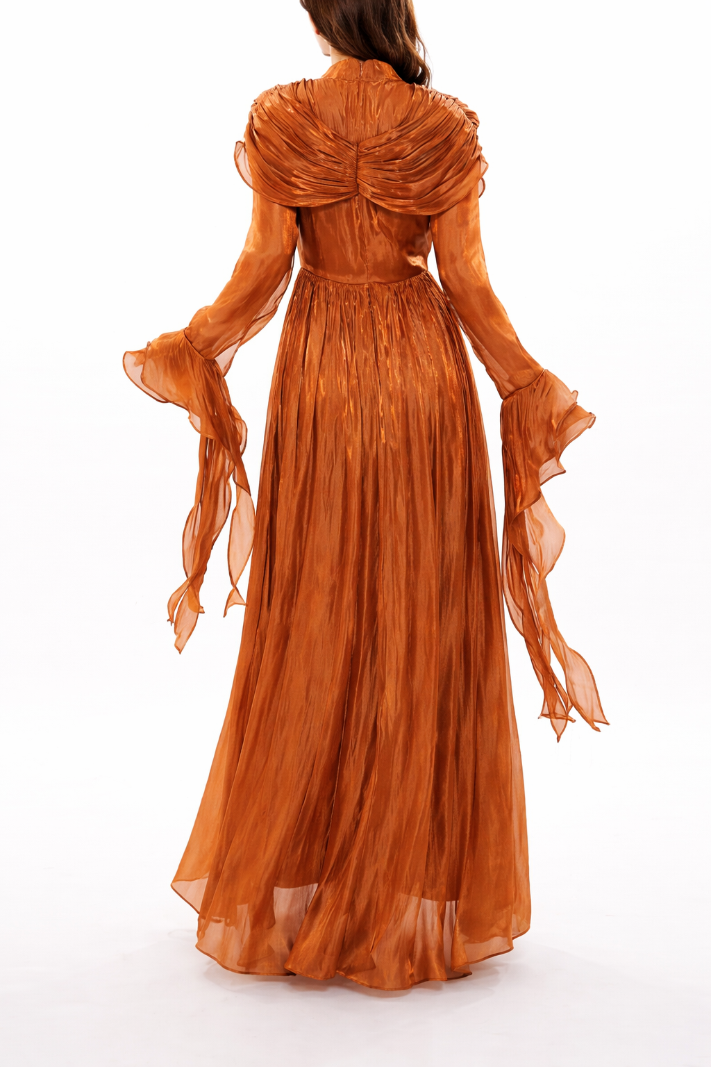 High-neck draped chiffon maxi dress with pleated skirt – AMARA
