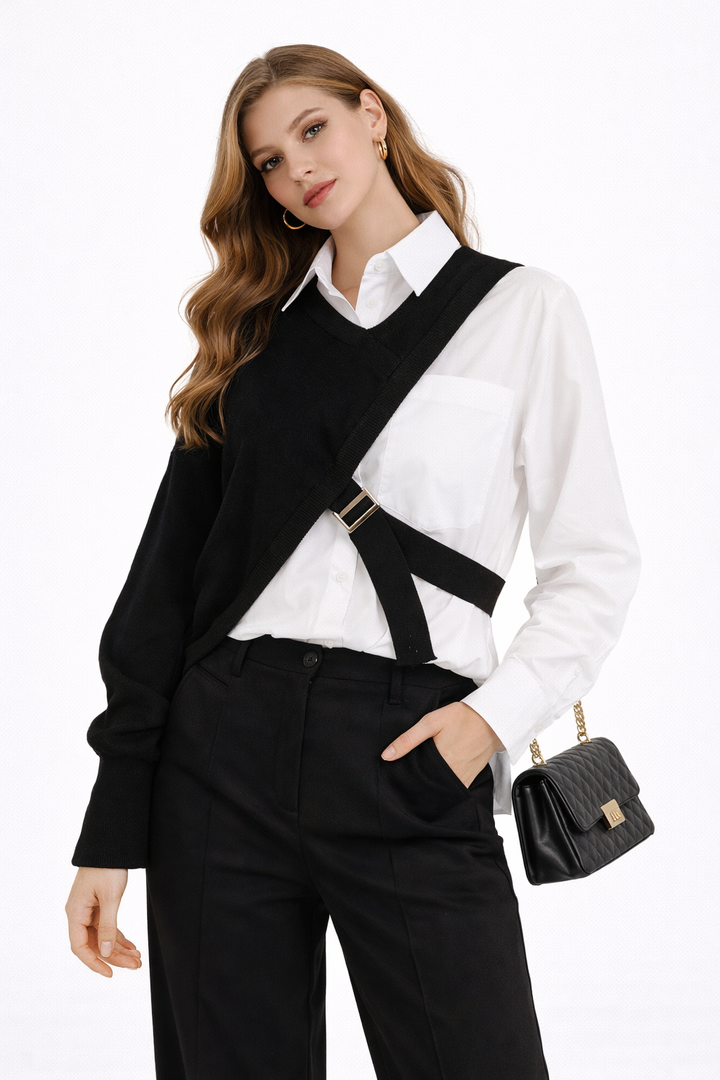 layered contrast shirt with asymmetric knit panel – MONO
