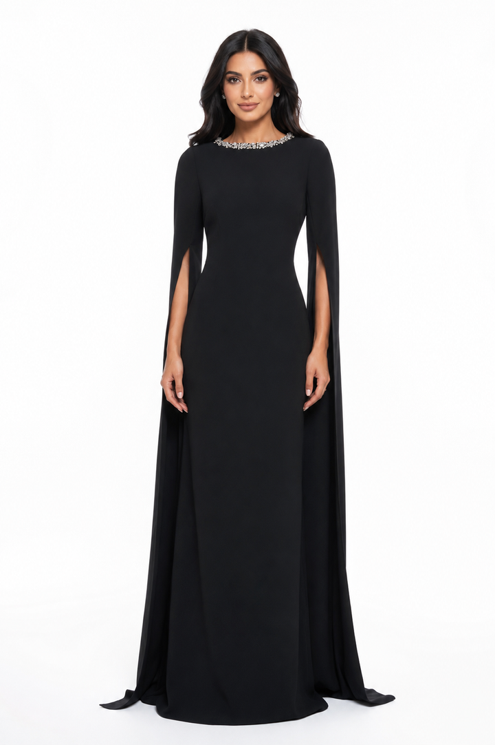 cape-sleeve column gown with crystal neckline – MINTA-1