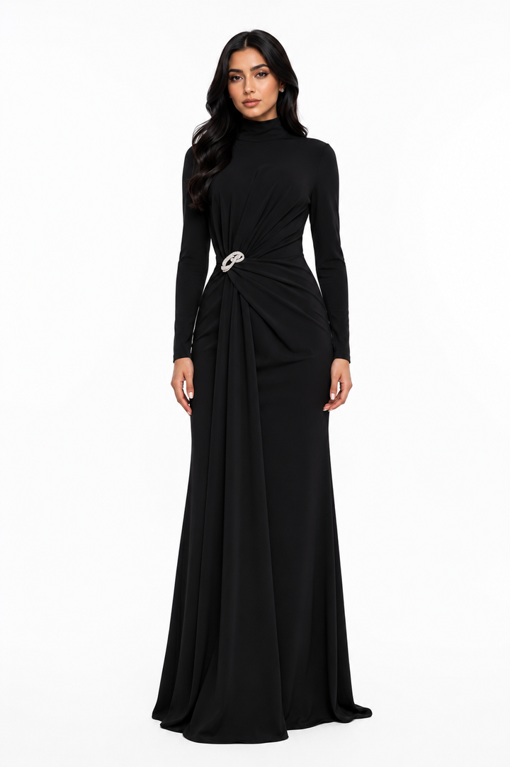 high-neck draped gown with crystal brooch – SERENA-1