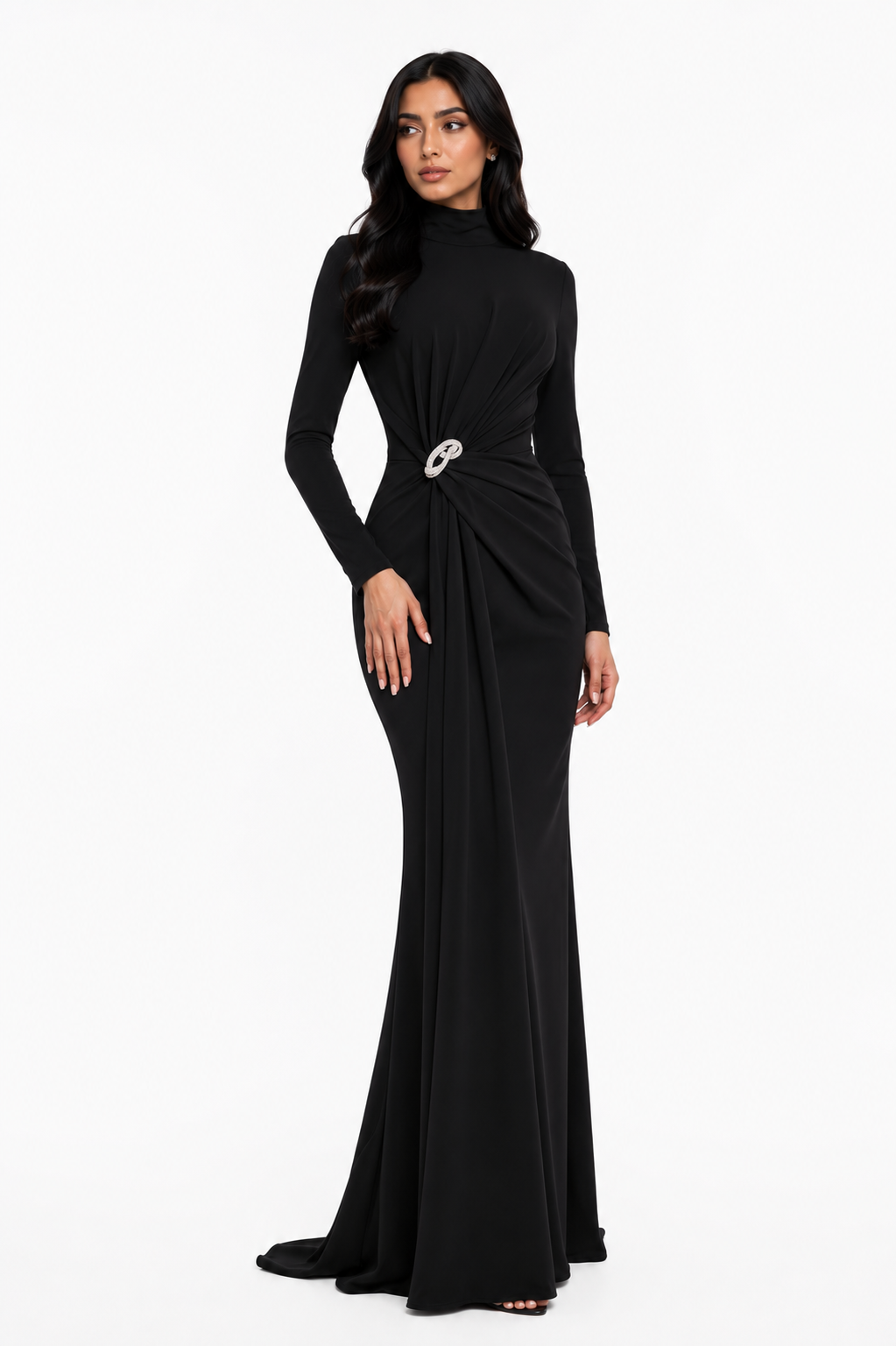 high-neck draped gown with crystal brooch – SERENA-1