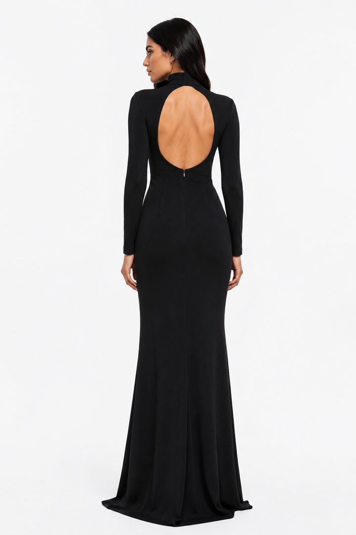 high-neck draped gown with crystal brooch – SERENA-1