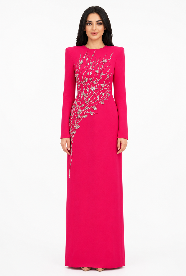 long-sleeve column gown with sequin branch embroidery – AUROZLI
