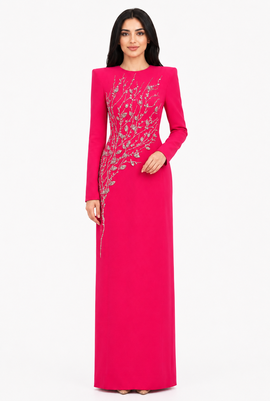 long-sleeve column gown with sequin branch embroidery – AUROZLI