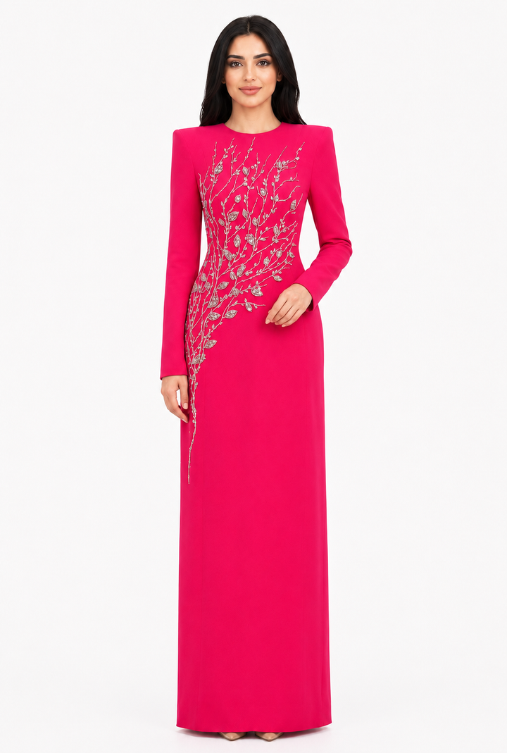 long-sleeve column gown with sequin branch embroidery – AUROZLI