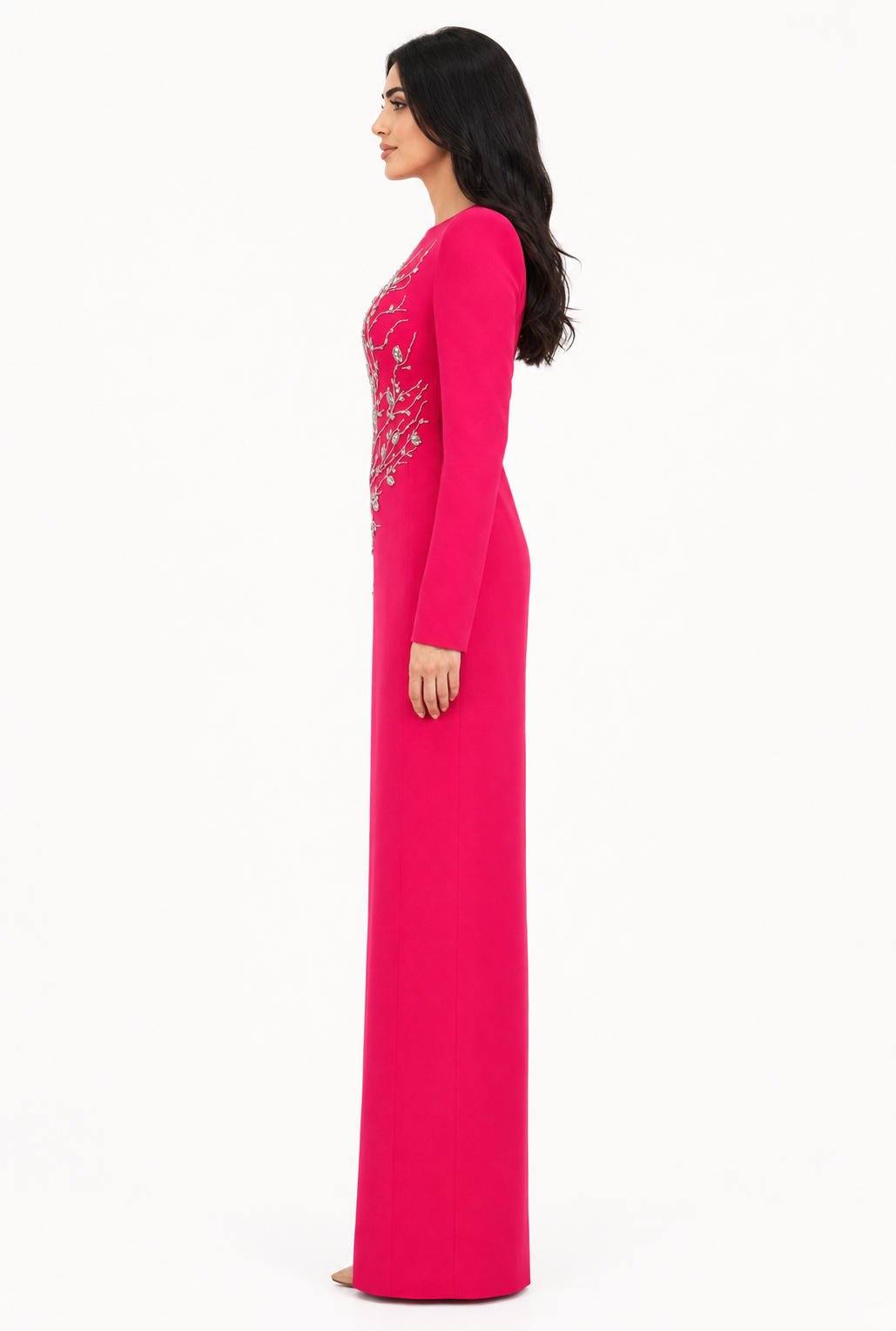 long-sleeve column gown with sequin branch embroidery – AUROZLI