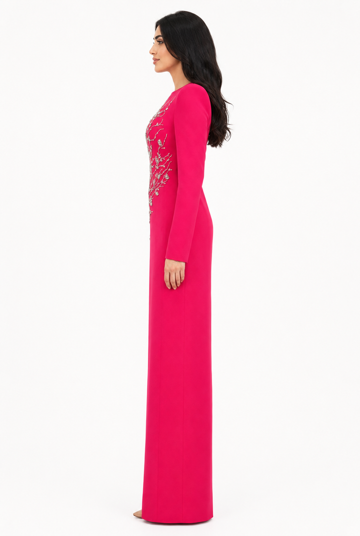 long-sleeve column gown with sequin branch embroidery – AUROZLI