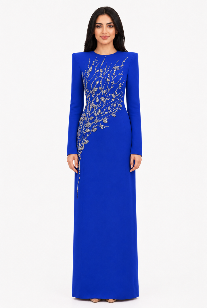 long-sleeve column gown with sequin branch embroidery – AUROZLI