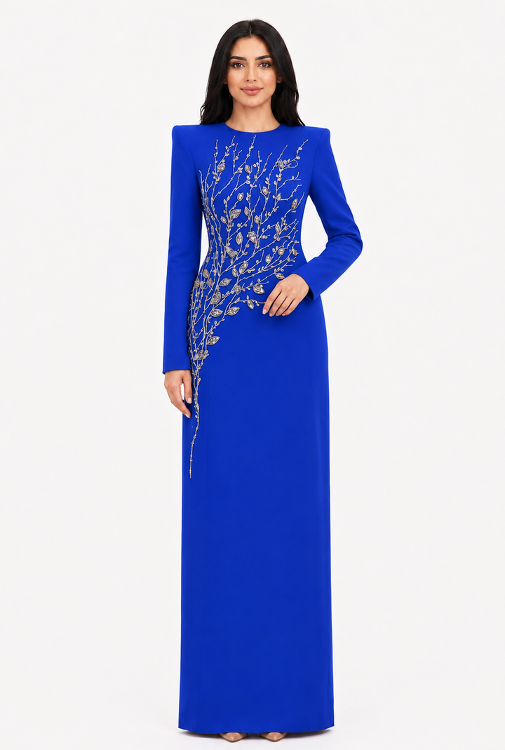 long-sleeve column gown with sequin branch embroidery – AUROZLI
