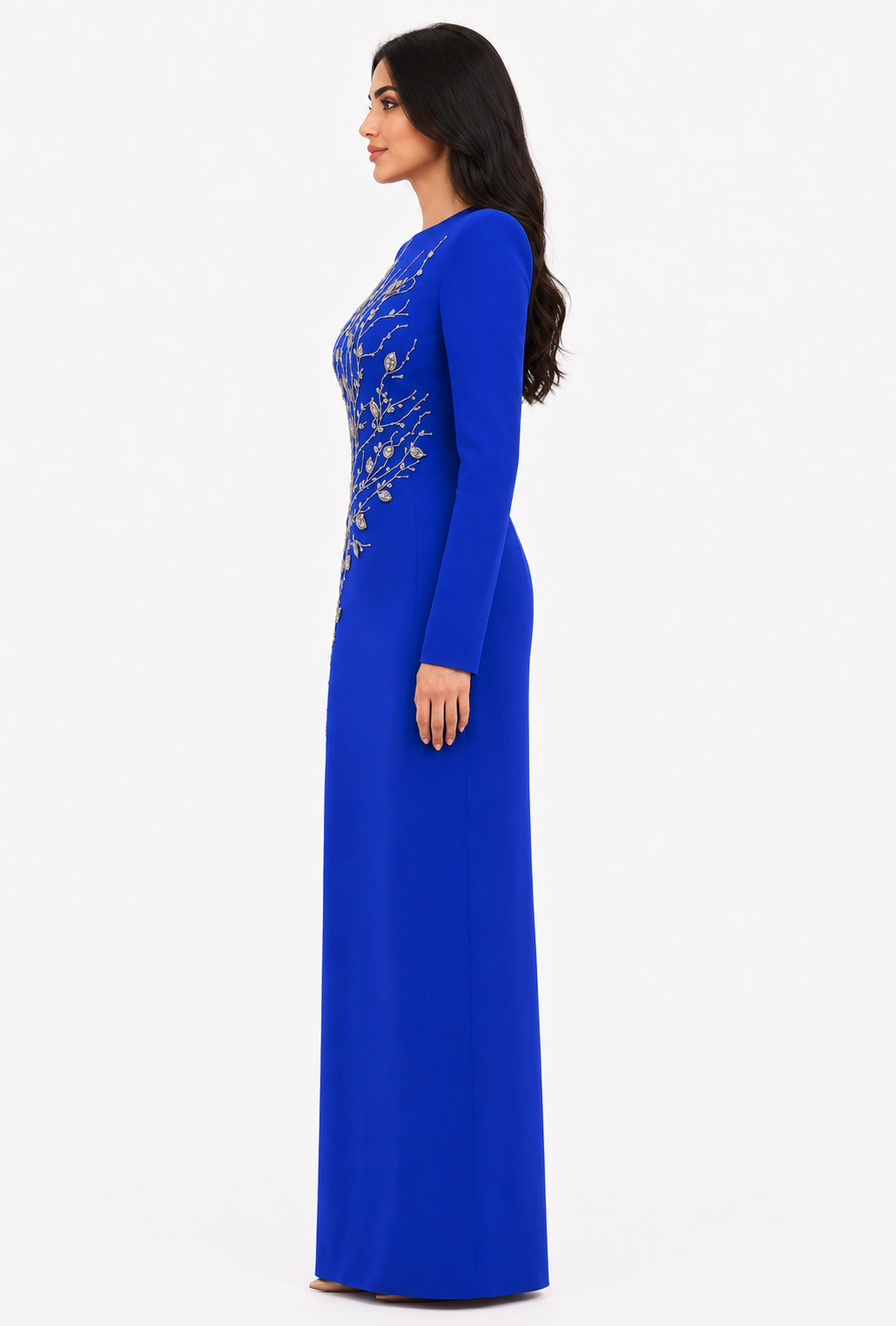 long-sleeve column gown with sequin branch embroidery – AUROZLI