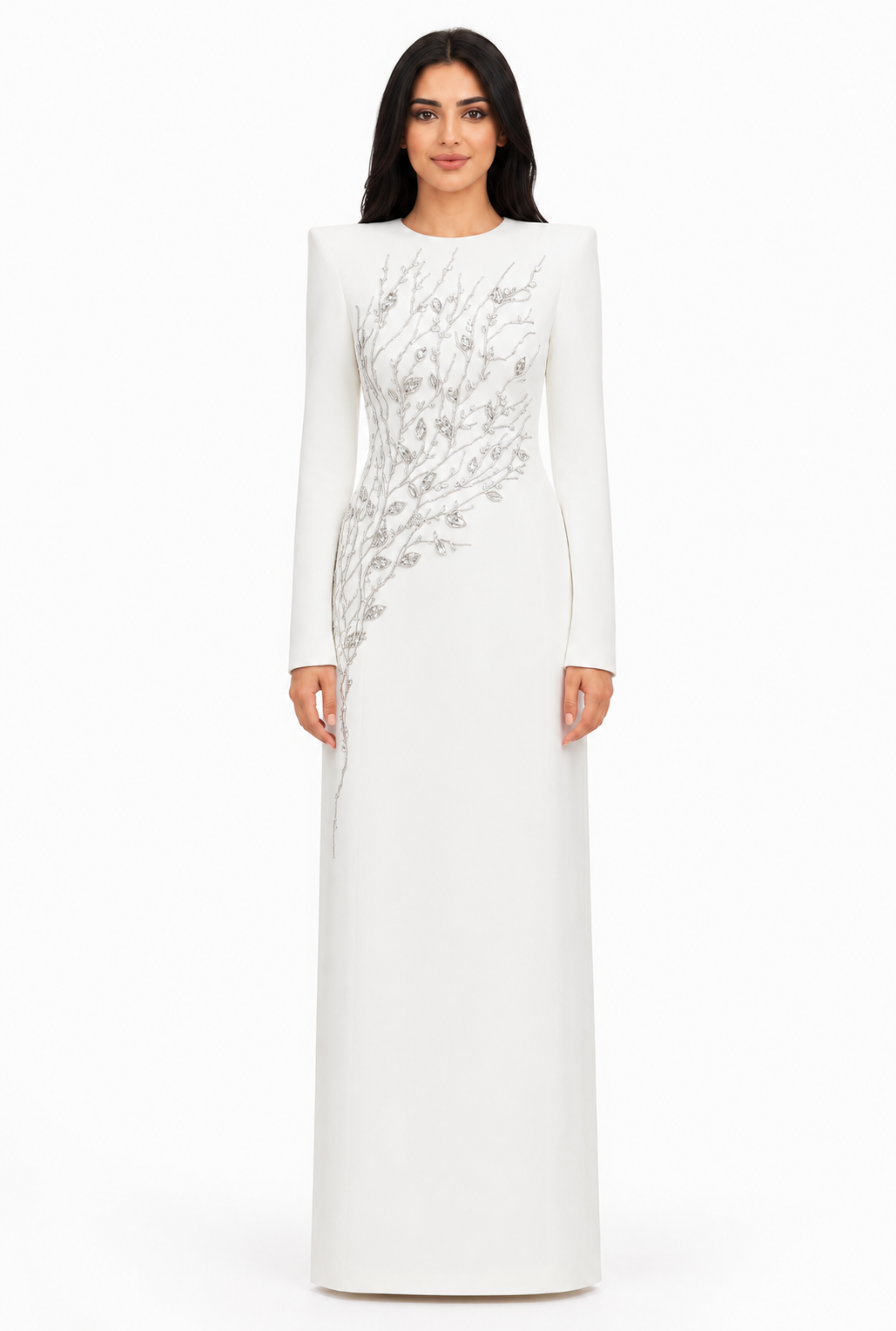 long-sleeve column gown with sequin branch embroidery – AUROZLI
