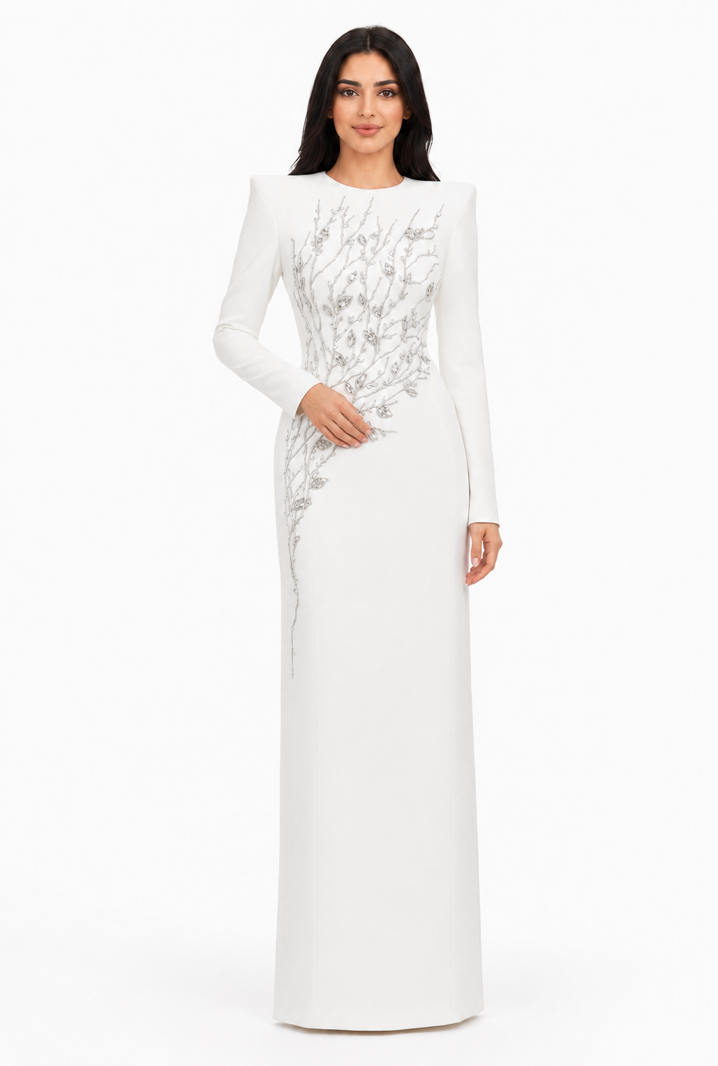 long-sleeve column gown with sequin branch embroidery – AUROZLI