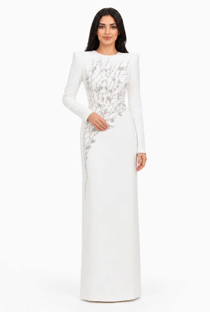 long-sleeve column gown with sequin branch embroidery – AUROZLI